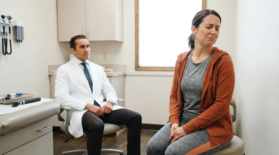 Clinician observing a seated patient turning her head while describing dizziness and neck stiffness in a Plano clinic