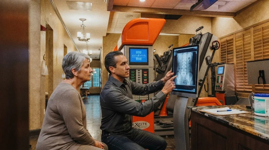 Clinician pointing to lumbar spine X-rays while a patient Clinician pointing to lumbar spine X-rays while a patient sits beside a non-surgical spinal decompression machine
