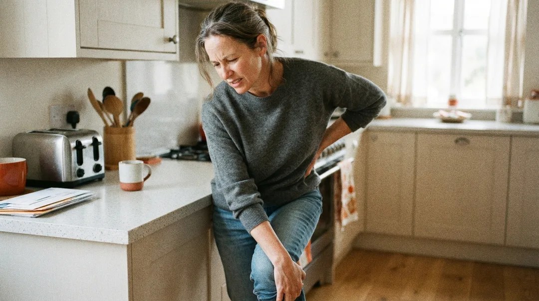 Person standing beside a kitchen counter with one hand on Person standing beside a kitchen counter with one hand on the lower back and the other rubbing a painful calf. From “Why