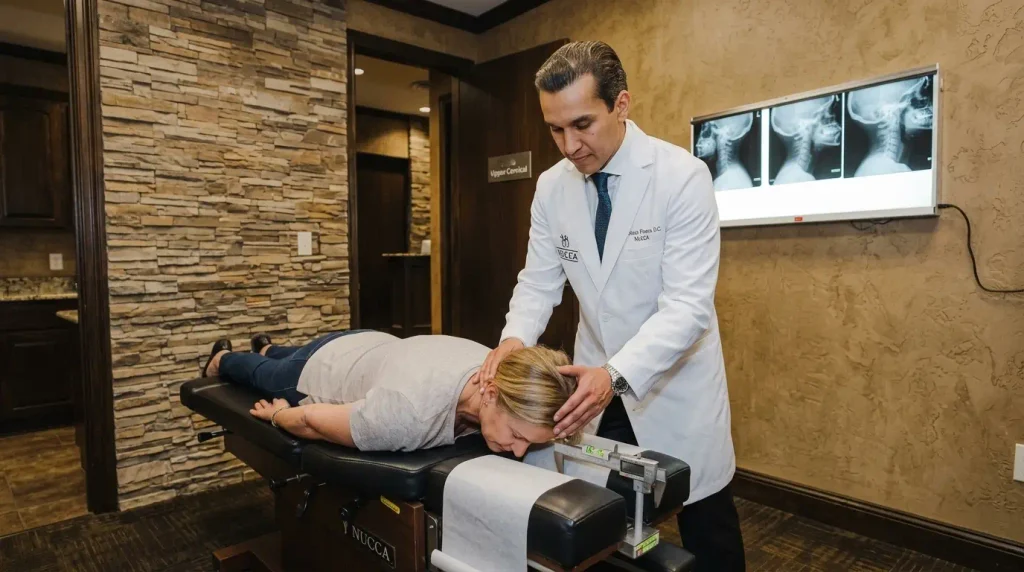 Chiropractor performing a precise NUCCA neck adjustment to improve upper-cervical alignment