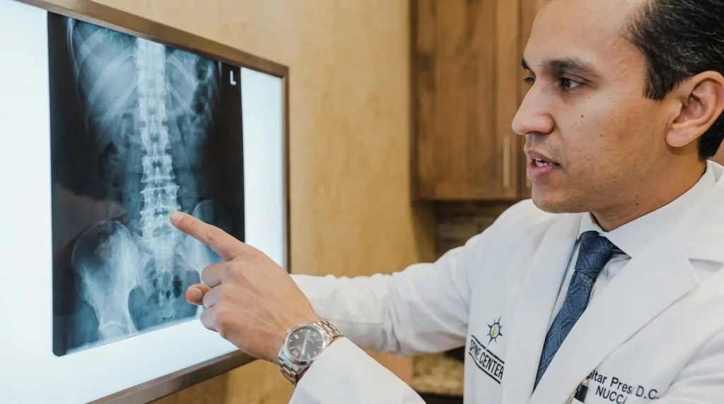 Dr. Oscar Presas of North Dallas Spine Center explaining a spinal X-ray to a patient in Plano, Texas]
